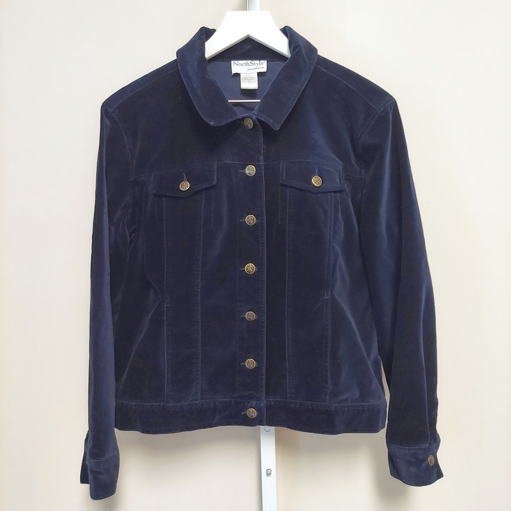 NorthStyle‎ Navy Blue Velvet Trucker Jacket Rose Brass Buttons L Cottage 90s